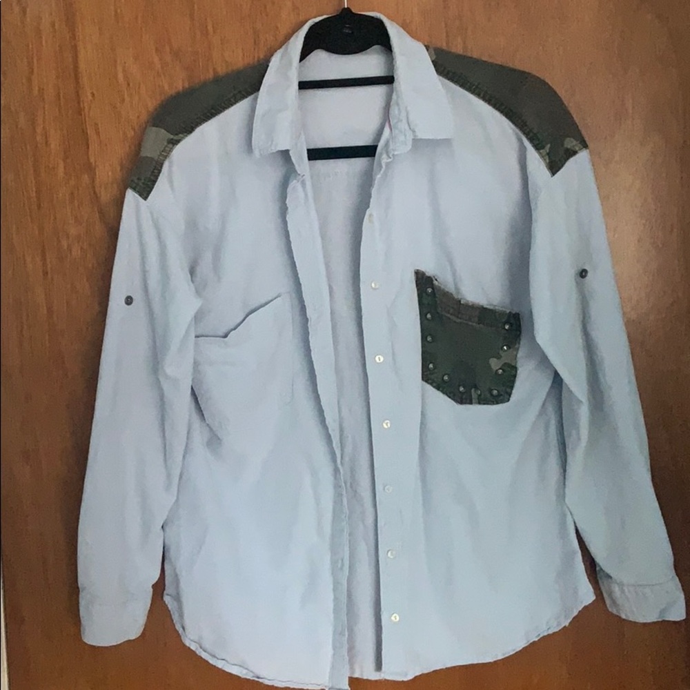 Denim button down camo shirt
